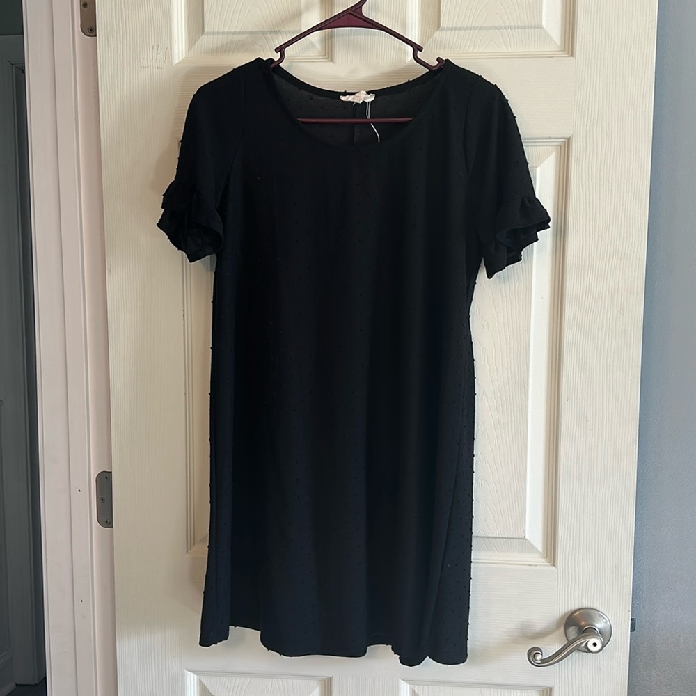 Swiss dot shift dress with ruffle sleeve